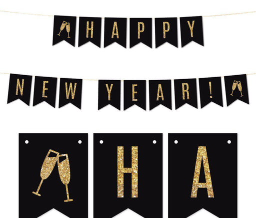 Gold Glitter Holiday Hanging Pennant Party Banner-Set of 1-Andaz Press-Happy New Year!-