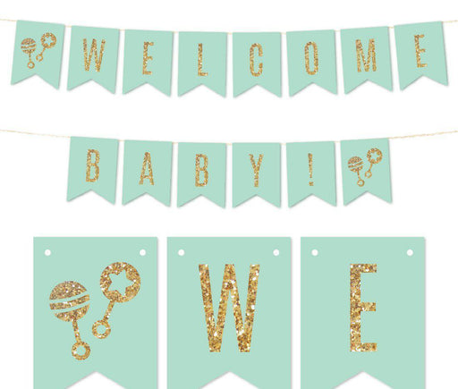 Gold Glitter Welcome Baby! Hanging Pennant Party Banner-Set of 1-Andaz Press-