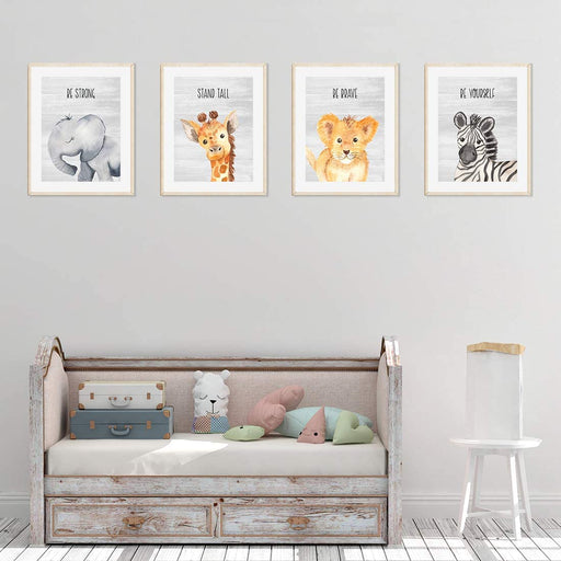 Inspirational Nursery Room Wall Art, Baby Animals, Elephant Giraffe Lion Zebra, Gray Rustic Wood-Set of 4-Andaz Press-