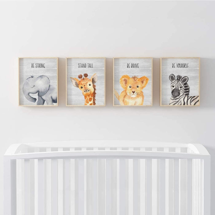 Inspirational Nursery Room Wall Art, Baby Animals, Elephant Giraffe Lion Zebra, Gray Rustic Wood-Set of 4-Andaz Press-