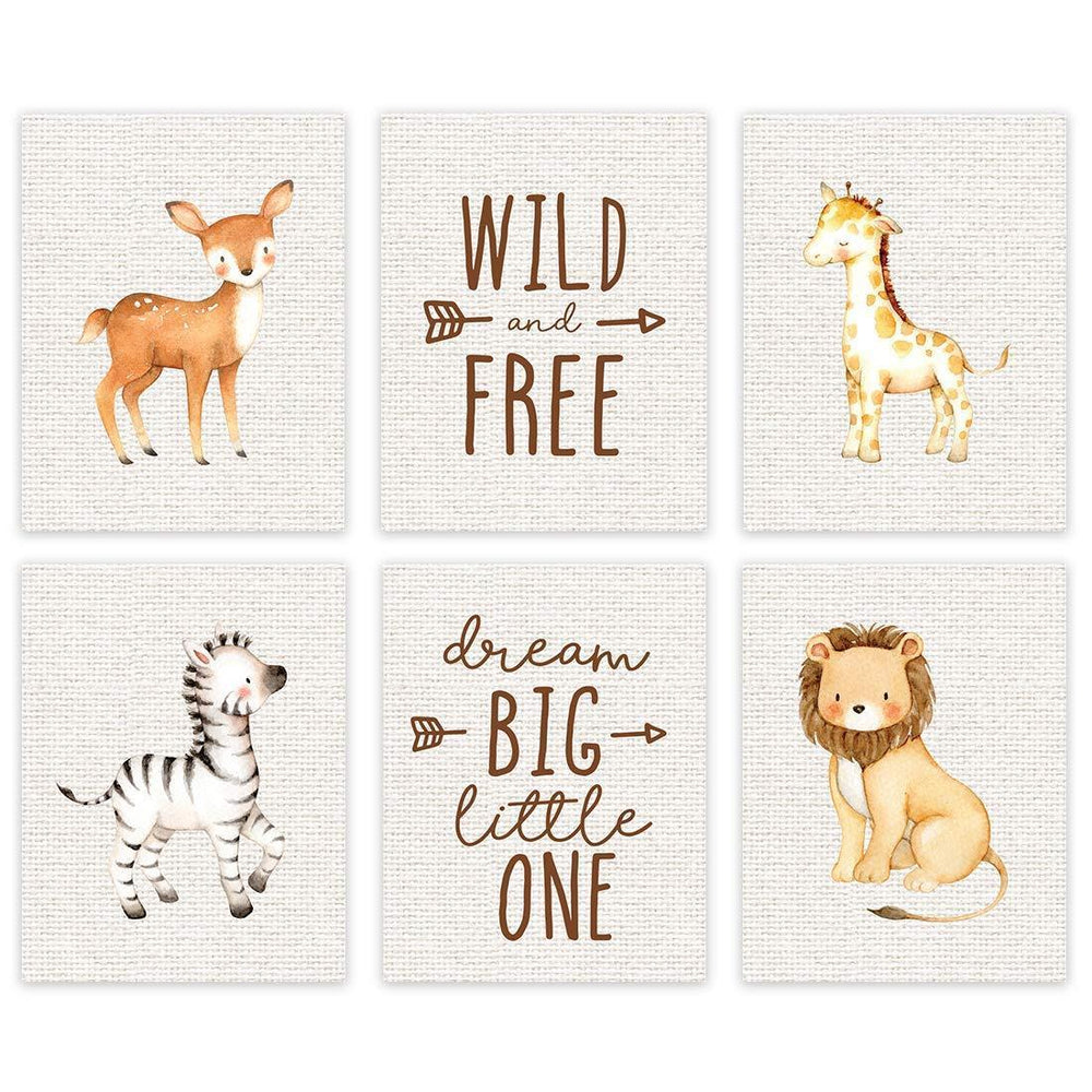 Jungle Safari Theme Nursery Room Hanging Wall Art-Set of 6-Andaz Press-Burlap, Wild and Free, Dream Big Little One, Lion, Zebra, Giraffe-