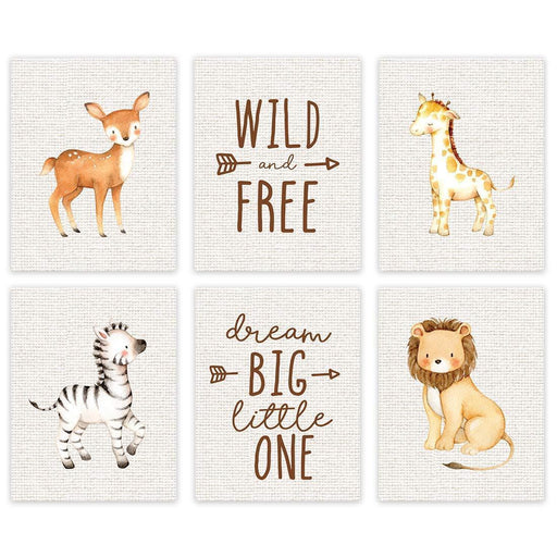 Jungle Safari Theme Nursery Room Hanging Wall Art-Set of 6-Andaz Press-Burlap, Wild and Free, Dream Big Little One, Lion, Zebra, Giraffe-