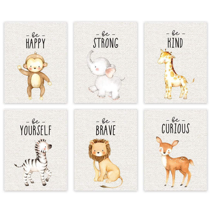 Jungle Safari Theme Nursery Room Hanging Wall Art-Set of 6-Andaz Press-Inspirational Motivational Kid Quotes, Burlap, Be Brave, Kind, Curious-