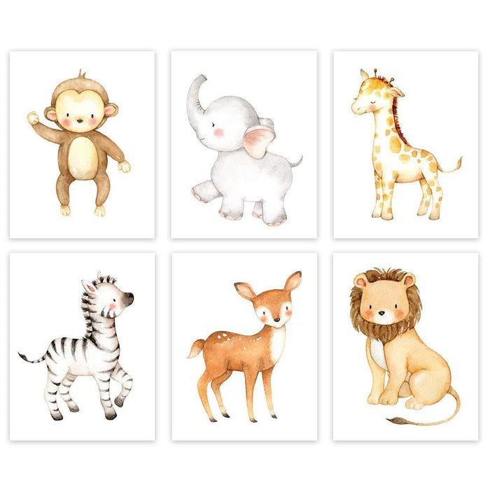 Jungle Safari Theme Nursery Room Hanging Wall Art-Set of 6-Andaz Press-Lion, Zebra, Giraffe, Deer, Elephant, Monkey Graphics-