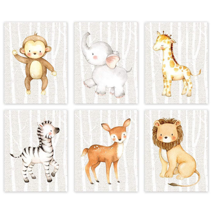 Jungle Safari Theme Nursery Room Hanging Wall Art-Set of 6-Andaz Press-Tan Trees, Lion, Zebra, Giraffe, Deer, Elephant, Monkey Graphics-