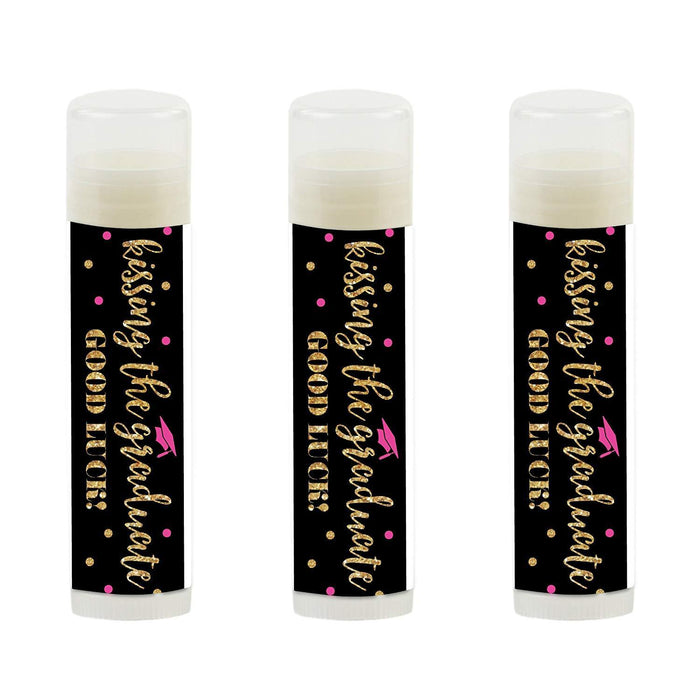 Kissing The Graduate Good Luck! Lip Balm Favors-Set of 12-Andaz Press-Fuchsia, Black and Gold Glittering-