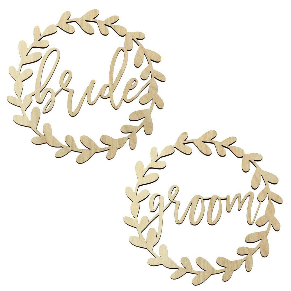 Laser Cut Wood Bride Groom Leaf Wreath Chair Signs-Set of 2-Koyal Wholesale-