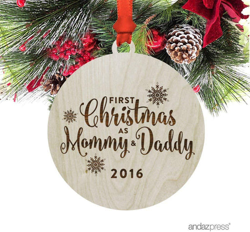 Laser Engraved Wood Christmas Ornament, First Christmas as Mommy & Daddy, Custom Year-Set of 1-Andaz Press-