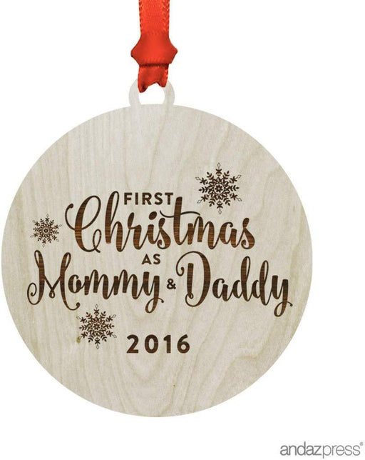 Laser Engraved Wood Christmas Ornament, First Christmas as Mommy & Daddy, Custom Year-Set of 1-Andaz Press-