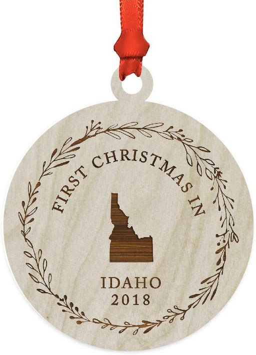 Laser Engraved Wood Christmas Ornament, First Christmas in Idaho, Custom Year-Set of 1-Andaz Press-