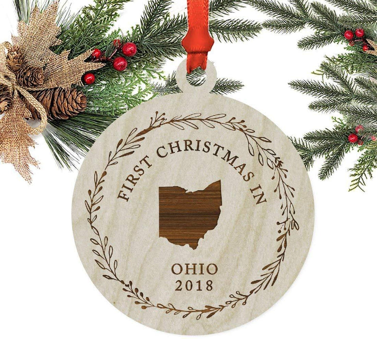 Laser Engraved Wood Christmas Ornament, First Christmas in Ohio, Custom Year-Set of 1-Andaz Press-