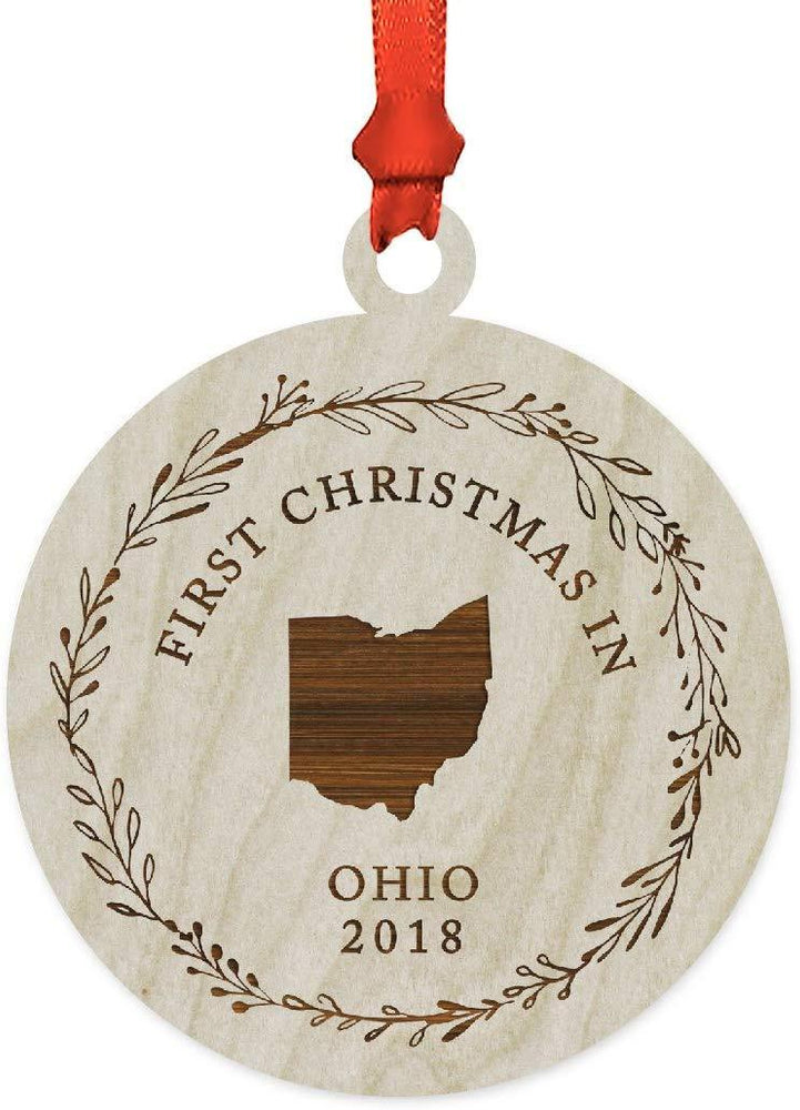 Laser Engraved Wood Christmas Ornament, First Christmas in Ohio, Custom Year-Set of 1-Andaz Press-