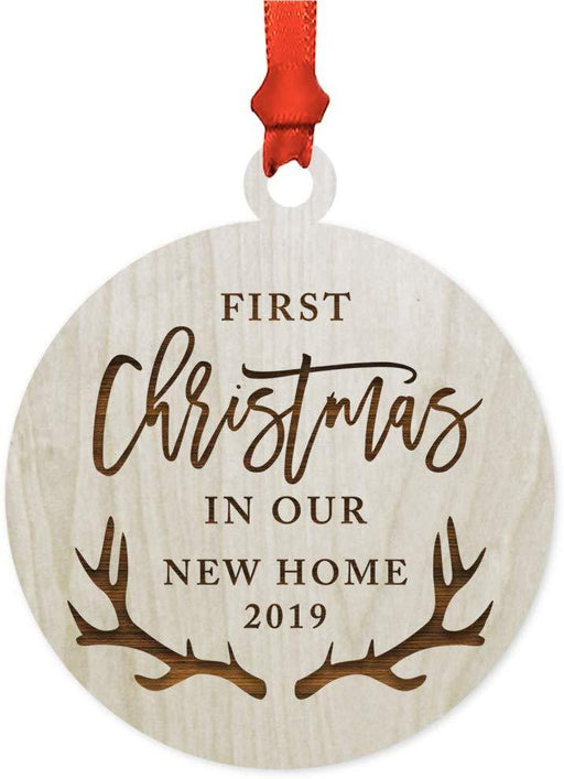 Laser Engraved Wood Christmas Ornament, First Christmas in Our New Home, Custom Year, Deer Antlers-Set of 1-Andaz Press-