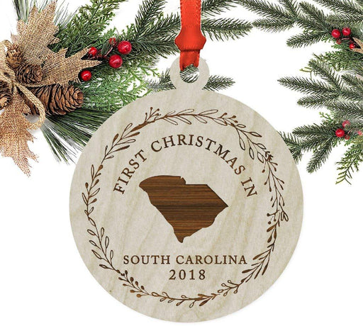 Laser Engraved Wood Christmas Ornament, First Christmas in South Carolina, Custom Year-Set of 1-Andaz Press-