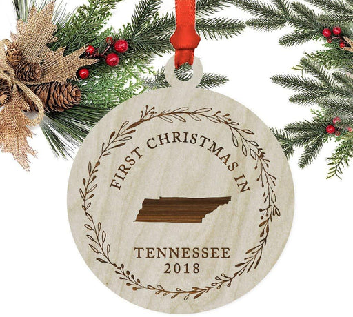 Laser Engraved Wood Christmas Ornament, First Christmas in Tennessee, Custom Year-Set of 1-Andaz Press-