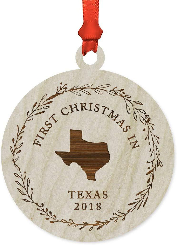 Laser Engraved Wood Christmas Ornament, First Christmas in Texas, Custom Year-Set of 1-Andaz Press-