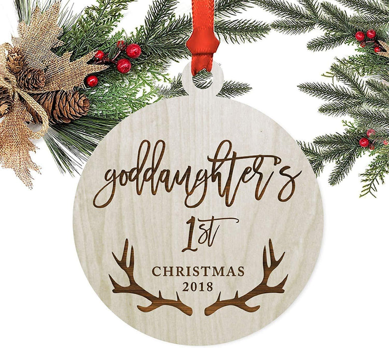 Laser Engraved Wood Christmas Ornament, Goddaughter's 1st Christmas, Custom Year, Deer Antlers-Set of 1-Andaz Press-