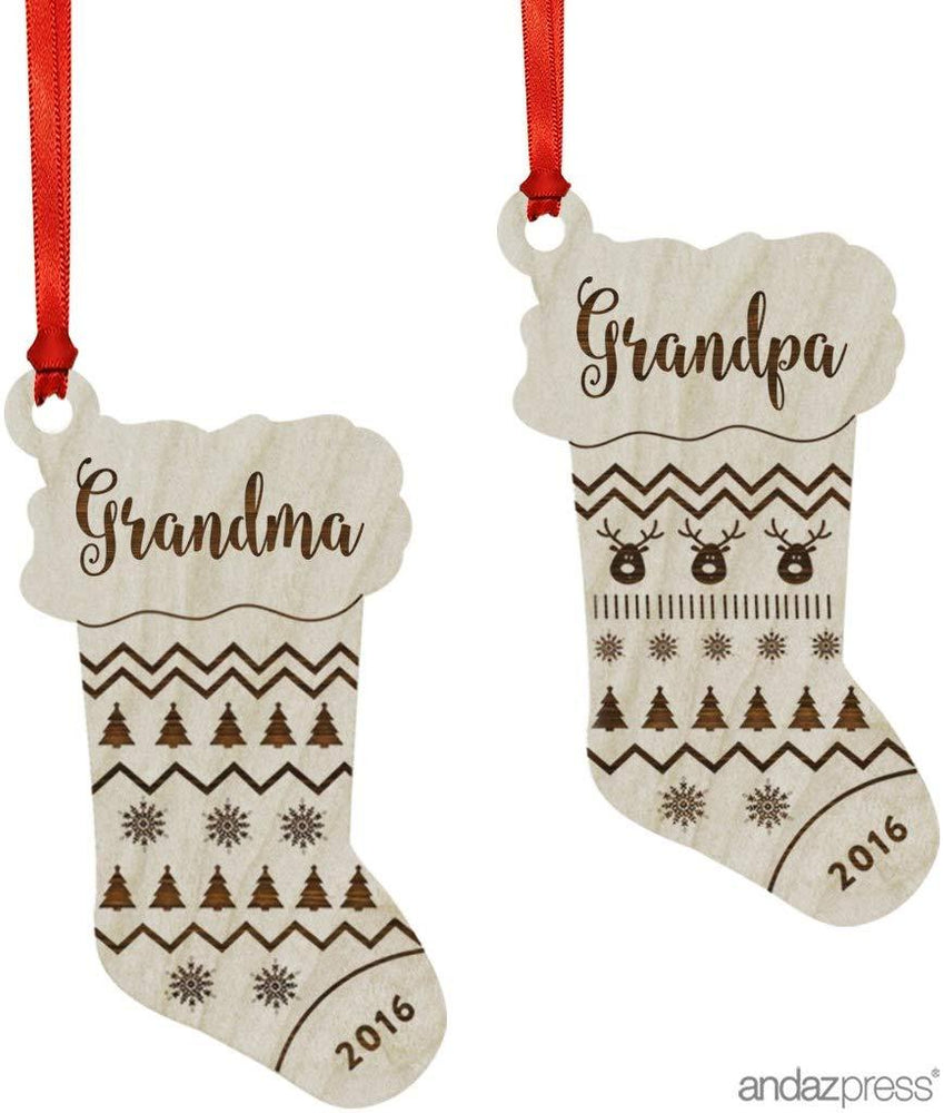 Laser Engraved Wood Christmas Ornament, Grandma, Grandpa, Custom Year, Stocking Shape-Set of 2-Andaz Press-