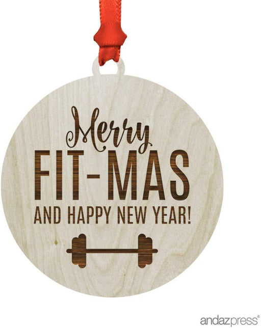 Laser Engraved Wood Christmas Ornament, Merry Fit-mas and a Happy New Year, Dumbell Graphic-Set of 1-Andaz Press-