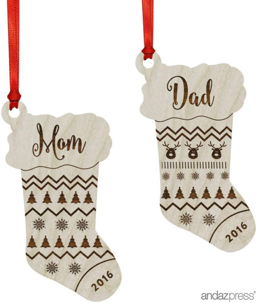 Laser Engraved Wood Christmas Ornament, Mom, Dad, Custom Year, Stocking Shape-Set of 2-Andaz Press-