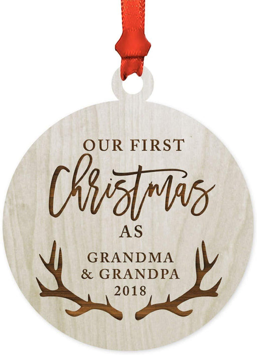 Laser Engraved Wood Christmas Ornament, Our First Christmas As Grandma and Grandpa, Custom Year, Deer Antlers-Set of 1-Andaz Press-