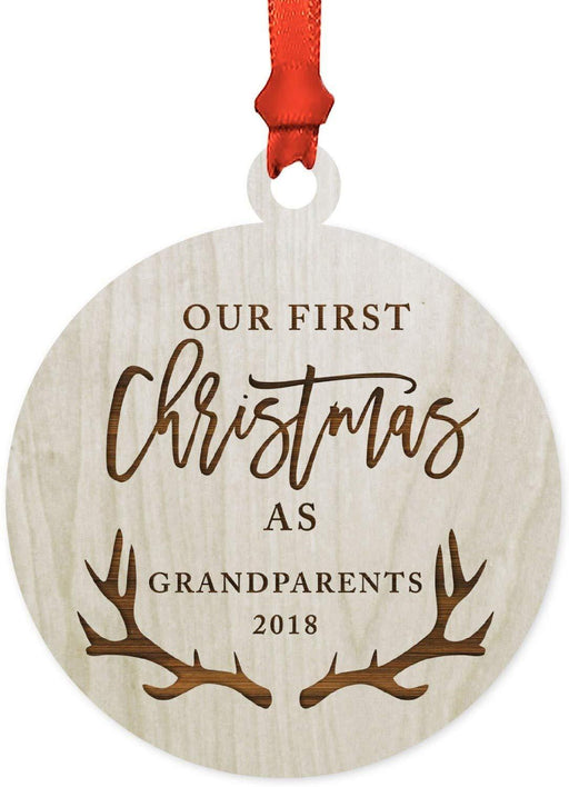 Laser Engraved Wood Christmas Ornament, Our First Christmas As Grandparents, Custom Year, Deer Antlers-Set of 1-Andaz Press-