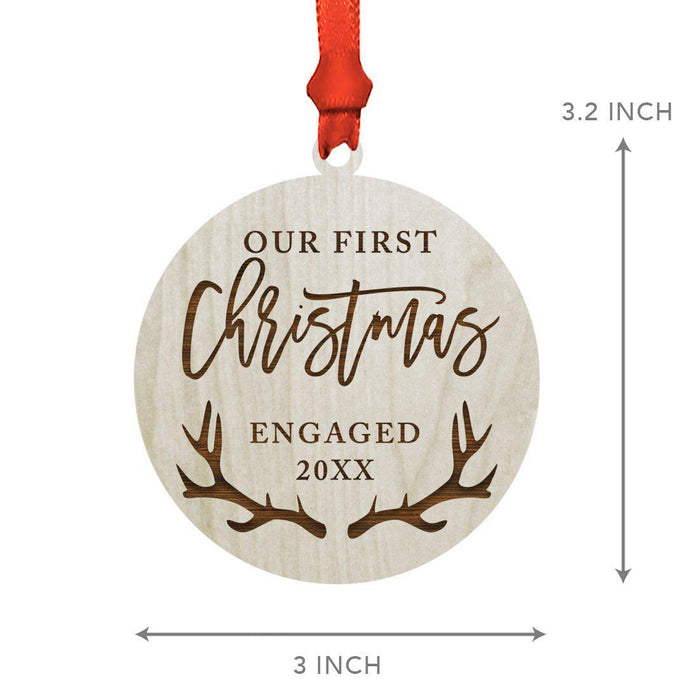 Laser Engraved Wood Christmas Ornament, Our First Christmas Engaged, Custom Year, Deer Antlers-Set of 1-Andaz Press-