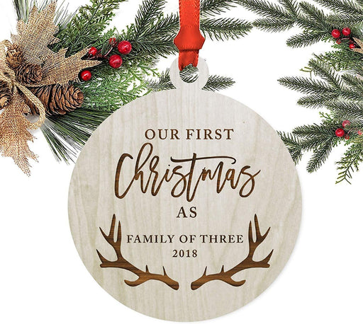 Laser Engraved Wood Christmas Ornament, Our First Christmas as a Family of Three, Custom Year, Deer Antlers-Set of 1-Andaz Press-