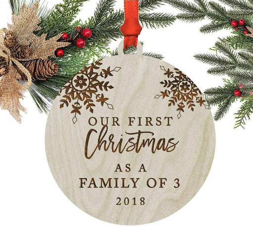 Laser Engraved Wood Christmas Ornament, Our First Christmas as a Family of Three, Custom Year, Snowflakes-Set of 1-Andaz Press-