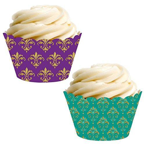 Mardi Gras Themed Purple and Aqua Fleur De Lis Cupcake Wrappers-set of 24-Andaz Press-