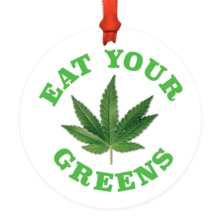 Marijuana Pot Cannabis Weed Round Metal Christmas Ornaments-Set of 1-Andaz Press-Eat Your Greens-