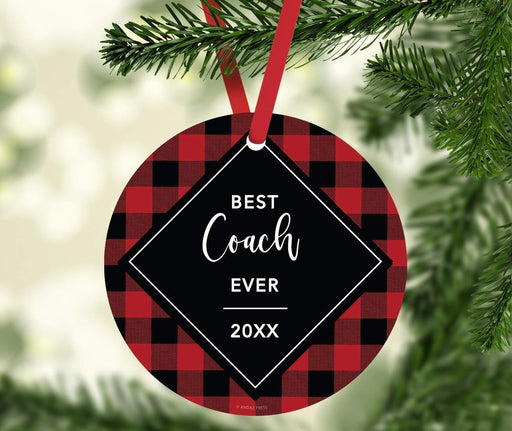 Metal Christmas Ornament, Best Coach Ever, Custom Year, Modern Buffalo Red Black Plaid-Set of 1-Andaz Press-