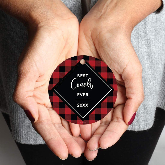 Metal Christmas Ornament, Best Coach Ever, Custom Year, Modern Buffalo Red Black Plaid-Set of 1-Andaz Press-