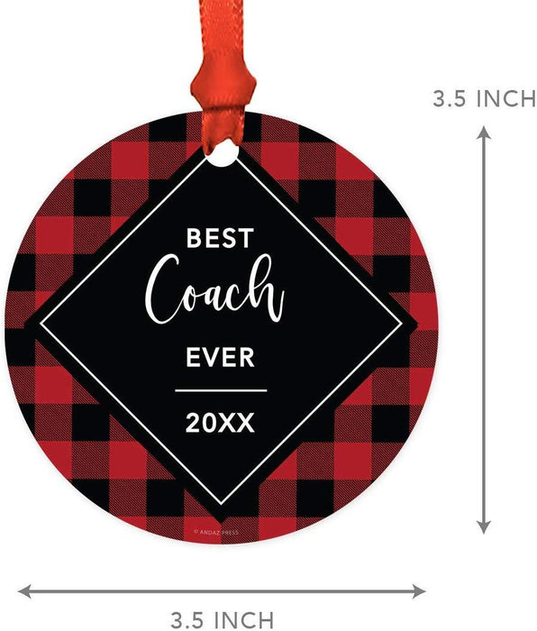 Metal Christmas Ornament, Best Coach Ever, Custom Year, Modern Buffalo Red Black Plaid-Set of 1-Andaz Press-