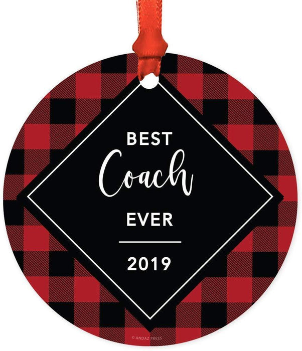 Metal Christmas Ornament, Best Coach Ever, Custom Year, Modern Buffalo Red Black Plaid-Set of 1-Andaz Press-