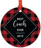 Metal Christmas Ornament, Best Coach Ever, Custom Year, Modern Buffalo Red Black Plaid-Set of 1-Andaz Press-