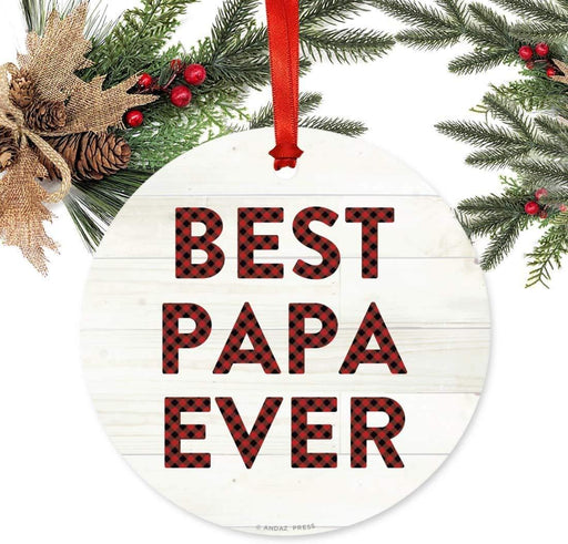 Metal Christmas Ornament, Best Papa Ever, Red Plaid on Light Rustic Wood-Set of 1-Andaz Press-