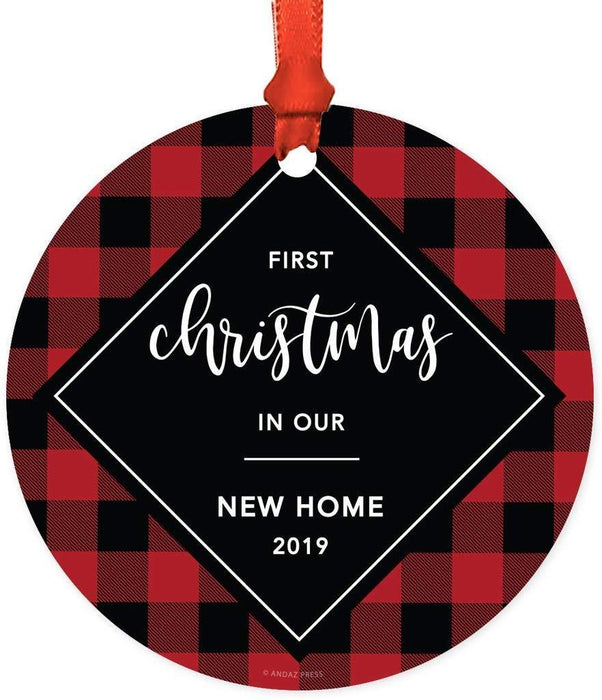 Metal Christmas Ornament, First Christmas in Our New Home, Custom Year, Modern Buffalo Red Black Plaid-Set of 1-Andaz Press-