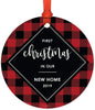 Metal Christmas Ornament, First Christmas in Our New Home, Custom Year, Modern Buffalo Red Black Plaid-Set of 1-Andaz Press-