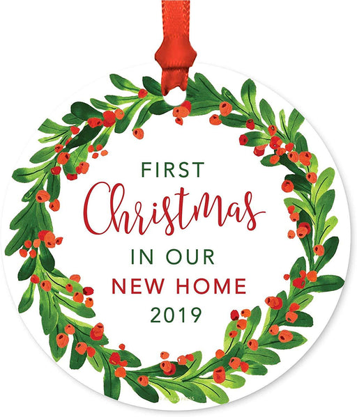 Metal Christmas Ornament, First Christmas in Our New Home, Custom Year, Red Green Holiday Wreath-Set of 1-Andaz Press-