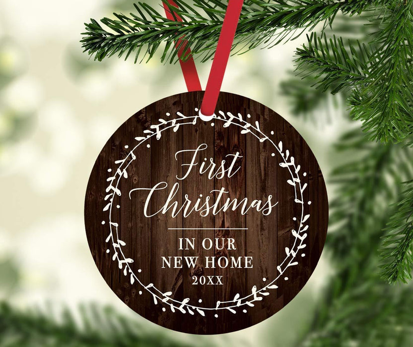 Metal Christmas Ornament, First Christmas in Our New Home, Custom Year, Rustic Wood Florals-Set of 1-Andaz Press-