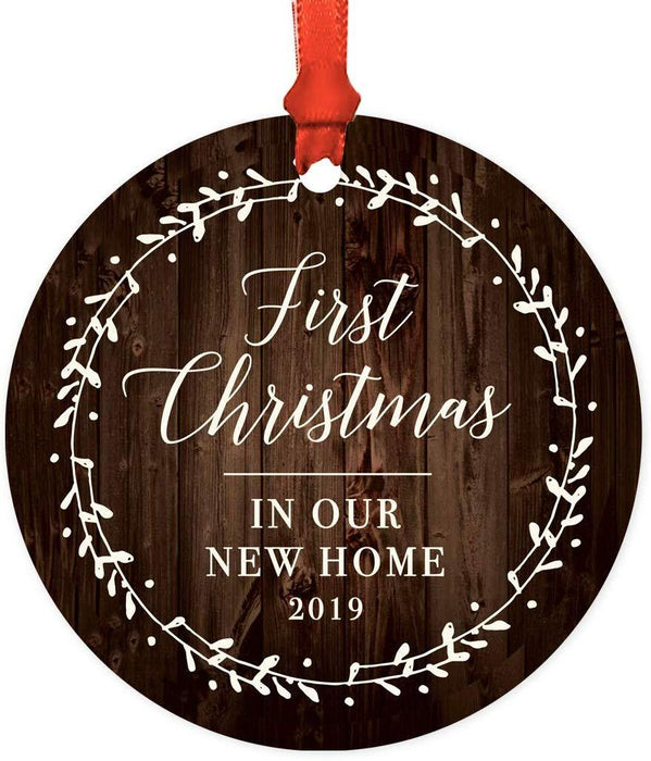 Metal Christmas Ornament, First Christmas in Our New Home, Custom Year, Rustic Wood Florals-Set of 1-Andaz Press-