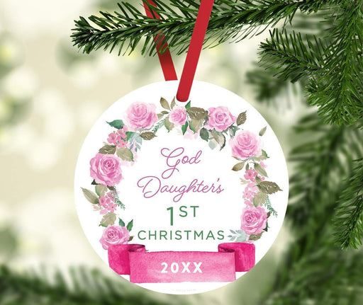 Metal Christmas Ornament, Goddaughter's 1st Christmas, Custom Year, Pink Flowers Banner-Set of 1-Andaz Press-