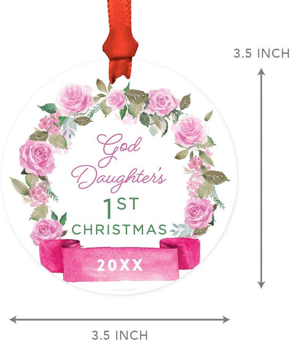 Metal Christmas Ornament, Goddaughter's 1st Christmas, Custom Year, Pink Flowers Banner-Set of 1-Andaz Press-