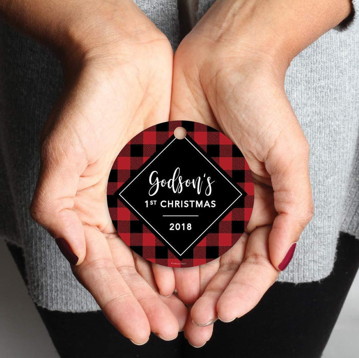 Metal Christmas Ornament, Godson's 1st Christmas, Custom Year, Modern Buffalo Red Black Plaid-Set of 1-Andaz Press-