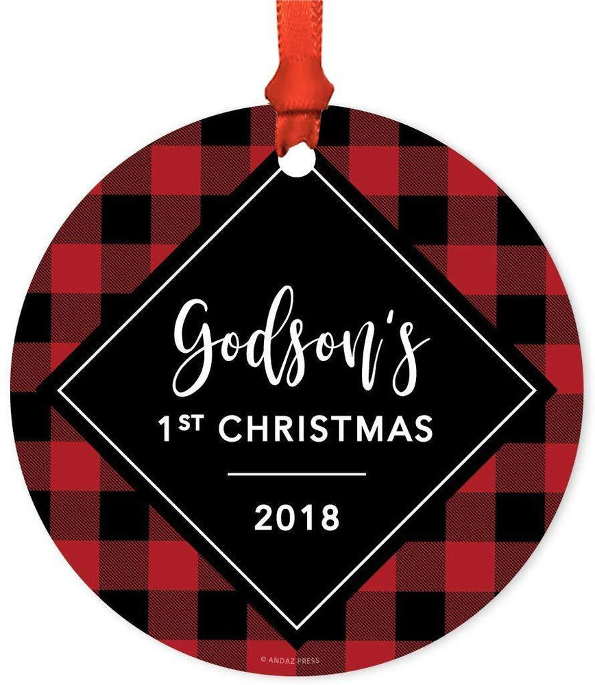 Metal Christmas Ornament, Godson's 1st Christmas, Custom Year, Modern Buffalo Red Black Plaid-Set of 1-Andaz Press-