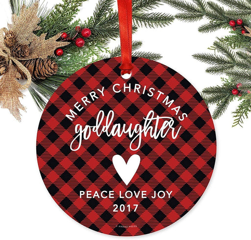 Metal Christmas Ornament, Merry Christmas Goddaughter, Custom Year, Country Lumberjack Buffalo Red Plaid-Set of 1-Andaz Press-