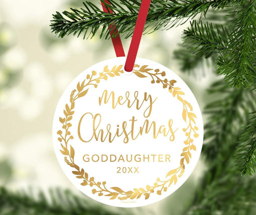 Metal Christmas Ornament, Merry Christmas Goddaughter, Custom Year, Gold Holiday Wreath-Set of 1-Andaz Press-