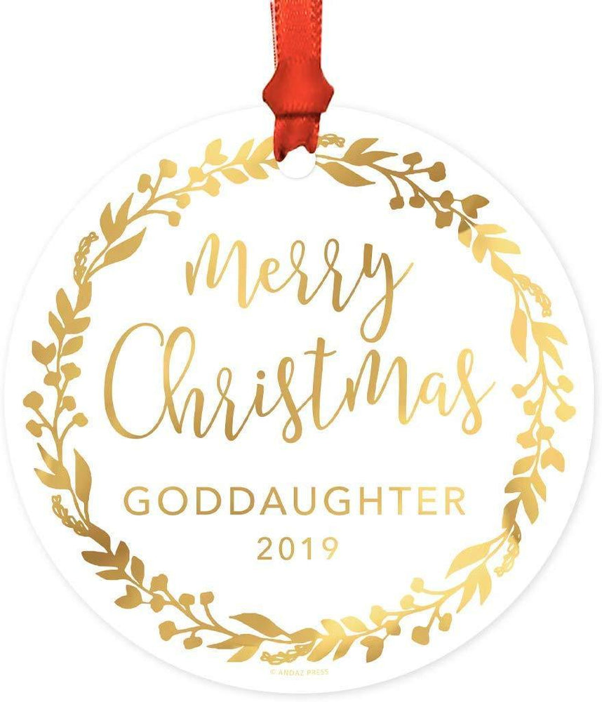 Metal Christmas Ornament, Merry Christmas Goddaughter, Custom Year, Gold Holiday Wreath-Set of 1-Andaz Press-