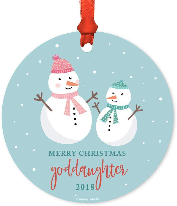 Metal Christmas Ornament, Merry Christmas Goddaughter, Custom Year, Holiday Snowman-Set of 1-Andaz Press-